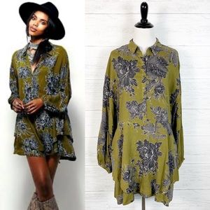 Free People Olive Green Floral Long Sleeve Dress